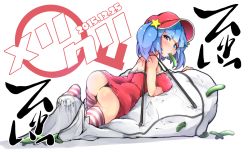 Rule 34 | 1girl, alternate costume, ass, blue eyes, blue hair, cameltoe, dress, flanvia, from behind, hair bobbles, hair ornament, hat, highres, kawashiro nitori, looking at viewer, lying, matching hair/eyes, on stomach, red dress, short dress, short hair, skindentation, solo, striped clothes, striped legwear, striped thighhighs, thighhighs, thong, touhou, twintails, two side up