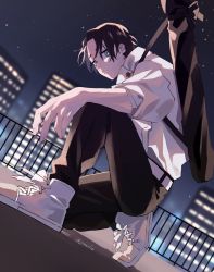 Rule 34 | 1boy, black hair, city, city lights, cityscape, expressionless, floating hair, hair over one eye, highres, jacket, jujutsu kaisen, long sleeves, looking at viewer, night, night sky, okkotsu yuuta, over shoulder, parted bangs, shoes, sky, star (sky), starry sky, weapon, weapon on back, weapon over shoulder, white jacket