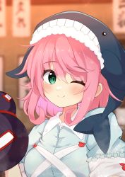 Rule 34 | 1girl, absurdres, animal hat, black hat, blue shirt, blush, closed mouth, gourd, green eyes, hair between eyes, hat, highres, holding, iyo mamoru, looking at viewer, okunoda miyoi, one eye closed, pink hair, shirt, short hair, short sleeves, smile, solo, touhou, upper body, whale hat