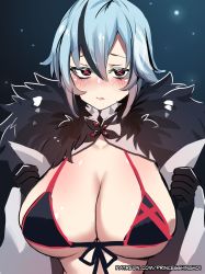 Rule 34 | 1girl, arlecchino (genshin impact), bikini, black bikini, black eyes, black gloves, black hair, blue hair, blush, breasts, cleavage, closed mouth, coat, front-tie bikini top, front-tie top, fur-trimmed coat, fur trim, genshin impact, gloves, hair between eyes, highres, hinghoi, large breasts, looking at viewer, multicolored hair, open clothes, open coat, short hair, solo, streaked hair, swimsuit, symbol-shaped pupils, upper body, x-shaped pupils