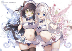 Rule 34 | 2girls, :d, animal ear fluff, animal ears, bare shoulders, black hair, blue bow, blue hair, blush, bow, breasts, brown thighhighs, cat ears, cat girl, cat tail, cleavage, fang, green eyes, hand up, hands up, long hair, looking at viewer, maid headdress, medium breasts, mikeou, multiple girls, navel, open mouth, original, petals, skirt, smile, tail, thighhighs, two side up, v, very long hair, white background, white hair, white skirt, white thighhighs, wrist cuffs