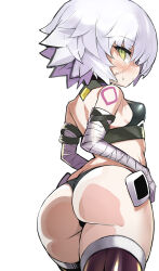 Rule 34 | 1girl, absurdres, ass, back, bandaged arm, bandages, bare shoulders, black panties, black thighhighs, black vest, boots, breasts, covered erect nipples, cropped vest, facial scar, fate/apocrypha, fate/grand order, fate (series), green eyes, hair between eyes, highres, jack the ripper (fate/apocrypha), looking at viewer, looking back, panties, scar, scar across eye, scar on cheek, scar on face, shimejinameko, short hair, shoulder tattoo, small breasts, solo, tattoo, thick thighs, thigh boots, thighhighs, thighs, underwear, vest, white hair, wide hips