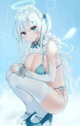 Rule 34 | 1girl, bare shoulders, bikini, blue bikini, blue eyes, blue footwear, blush, breasts, bridal gauntlets, closed mouth, from side, hair ornament, halo, high heels, highres, large breasts, long hair, looking at viewer, looking to the side, maid headdress, original, solo, squatting, swimsuit, thighhighs, thighs, two side up, white hair, white headwear, white thighhighs, wrist cuffs, yamamura umi