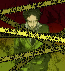 Rule 34 | 1boy, adachi tooru, atlus, bad id, bad pixiv id, black hair, caution tape, keep out, male focus, necktie, persona, persona 4, short hair, solo, spoilers, suica (artist)