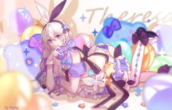 Rule 34 | 1girl, :d, absurdres, balloon, bare shoulders, blue eyes, chinese commentary, commentary request, doughnut, dress, food, full body, gloves, hair between eyes, headband, highres, holding, holding food, honkai (series), honkai impact 3rd, leg up, long hair, looking at viewer, lying, on stomach, open mouth, pillow, short sleeves, side ponytail, smile, solo, theresa apocalypse, tsohg, white dress, white gloves, white hair