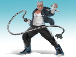 Rule 34 | 1boy, absurdres, bandaid, bandaid on face, bandaid on nose, bara, beard, black pants, chain, facial hair, full body, grey hair, highres, holding, holding weapon, jacket, male focus, matty (radicallymaxton), mature male, muscular, muscular male, nike (company), open clothes, open jacket, original, pants, pectoral cleavage, pectorals, shirt, shoes, short hair, sneakers, solo, thick eyebrows, track jacket, weapon, weapon request, white shirt
