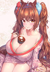Rule 34 | 1girl, animal ears, blush, breasts, brown eyes, brown hair, cleavage, collarbone, daiwa scarlet (umamusume), eating, floral print, food, food on body, food on breasts, from above, hair intakes, hair tie, highres, hikotou (sao73cat), horse ears, huge breasts, japanese clothes, kimono, long hair, long sleeves, looking at viewer, open clothes, open kimono, pink kimono, sitting, solo, tiara, twintails, umamusume