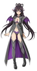 Rule 34 | 10s, 1girl, black footwear, black hair, black thighhighs, boots, breasts, cleavage, full body, halloween costume, highres, infinite stratos, long hair, looking at viewer, medium breasts, navel, ponytail, purple eyes, shinonono houki, smile, solo, thigh boots, thighhighs, transparent background, wings