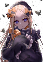 1girl abigail_williams_(fate) black_bow black_dress black_hat blonde_hair blue_eyes bow breasts bug butterfly closed_mouth dress fate/grand_order fate_(series) forehead hair_bow hat highres insect long_hair long_sleeves looking_at_viewer multiple_hair_bows orange_bow parted_bangs polka_dot polka_dot_bow rinmel9 simple_background sleeves_past_fingers sleeves_past_wrists small_breasts solo white_background