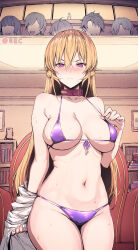Rule 34 | 1girl, 2koma, 6+others, bdsm, bikini, blonde hair, blush, book, bookshelf, breasts, cellphone, chair, closed mouth, collar, comic, commentary, condom box, cowboy shot, faceless, faceless female, faceless male, feet out of frame, frown, glaring, haoni, highres, large breasts, long hair, looking at viewer, lounge chair, mezzanine, micro bikini, multiple others, multiple views, nakiri erina, navel, people, phone, purple eyes, recording, red collar, revision, unworn shirt, shokugeki no souma, slave, smartphone, solo focus, stomach, strap gap, sweat, swimsuit, v-shaped eyebrows, very long hair, window