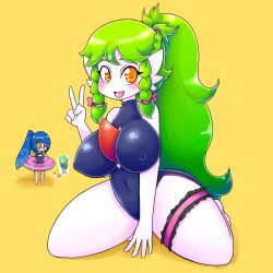 Rule 34 | 2girls, arms up, basketgardevoir, black eyes, blue hair, blue one-piece swimsuit, blush, blush stickers, braid, breasts, bridal garter, character cutout, character request, chibi, covered erect nipples, covered navel, creatures (company), eyepatch, female focus, full body, game freak, gardevoir, gen 3 pokemon, green hair, hair ornament, hand up, heart, highres, innertube, kneeling, large breasts, logo, long hair, looking at viewer, looking to the side, multiple girls, navel, nintendo, one-piece swimsuit, open mouth, orange eyes, patreon, pokemon, pokemon (creature), pokemon rse, ponytail, simple background, smile, spread legs, standing, swim ring, swimsuit, thick thighs, thighs, twin braids, v, very long hair, watermark, yellow background