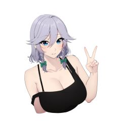 Rule 34 | 1girl, absurdres, bare arms, bare shoulders, black tank top, blue eyes, bra strap, braid, breasts, cleavage, commentary, grey hair, grin, hand up, highres, izayoi sakuya, large breasts, looking at viewer, parted lips, short hair, simple background, smile, solo, strap slip, tank top, touhou, twin braids, umisaki, upper body, v, white background