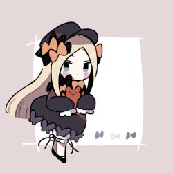 Rule 34 | 1girl, abigail williams (fate), black bow, black dress, black footwear, black hat, blonde hair, bloomers, blue eyes, bow, bug, butterfly, chibi, closed mouth, dress, fate/grand order, fate (series), forehead, futong jun, hair bow, hat, holding, holding stuffed toy, insect, long hair, long sleeves, looking at viewer, lowres, mary janes, orange bow, parted bangs, polka dot, polka dot bow, shoes, sleeves past fingers, sleeves past wrists, solo, standing, stuffed animal, stuffed toy, teddy bear, underwear, very long hair, white bloomers