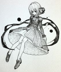 Rule 34 | 1girl, alternate costume, ascot, bow, full body, greyscale, hair bow, highres, juliet sleeves, knees together feet apart, loafers, long sleeves, looking at viewer, mashimashi, monochrome, puffy sleeves, rumia, shoes, short hair, solo, touhou, traditional media