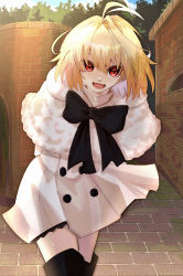 Rule 34 | 1girl, ajita ponzu, antenna hair, arcueid brunestud, arms behind back, black bow, blonde hair, blue sky, bow, bowtie, buttons, capelet, commentary request, day, dress, fur-trimmed capelet, fur trim, highres, looking at viewer, official alternate costume, open mouth, outdoors, red eyes, short hair, single hair intake, sky, smile, solo, thighhighs, tree, tsukihime, tsukihime (remake), turtleneck, turtleneck dress, white capelet, white dress
