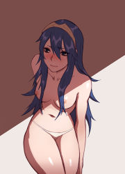 Rule 34 | 1girl, blue eyes, blue hair, blush, breasts, embarrassed, fire emblem, fire emblem awakening, hair over breasts, leaning, long hair, looking away, lucina (fire emblem), navel, nintendo, nipples, panties, panties only, shanabi, simple background, small breasts, solo, stomach, tiara, topless, underwear, underwear only, white panties
