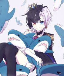 Rule 34 | 1girl, black hair, blue eyes, crown, earrings, heterochromia, highres, holding, holding stuffed toy, idol corp, ikea shark, its still kuno, jewelry, looking at viewer, multicolored hair, red eyes, ribbon, rin penrose, short hair, smile, solo, split-color hair, stuffed animal, stuffed shark, stuffed toy, two-tone hair, two-tone shirt, virtual youtuber, white hair