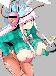 Rule 34 | 1girl, adapted costume, animal ears, aqua shirt, blue bow, blue bowtie, bow, bowtie, breast cutout, breasts, censored, closed mouth, collared shirt, commentary request, cup, drink, drinking glass, expressionless, fake animal ears, food, grey background, hand on own hip, hata no kokoro, highres, holding, holding tray, ice, ice cube, identity censor, large breasts, long hair, looking at viewer, mask, mask on head, orange pantyhose, pantyhose, pasties, pink eyes, pink hair, plaid, plaid shirt, plate, rabbit ears, shirt, simple background, solo, standing, tannkobuiwa, touhou, tray