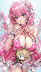 Rule 34 | 1girl, bare shoulders, blush, breasts, character doll, choker, cleavage, collarbone, dorothy (nikke), dorothy (nostalgia) (nikke), dress, feathers, floral print, goddess of victory: nikke, hair bun, hair ribbon, highres, himonoata, holding, large breasts, light rays, long hair, looking at viewer, panties, parted lips, pink dress, pink hair, pink panties, pinne (nikke), print panties, purple eyes, ribbon, side bun, sky, sleeveless, sleeveless dress, smile, solo, stuffed toy, sunbeam, sunlight, teeth, underwear, white ribbon, wings, wrist cuffs