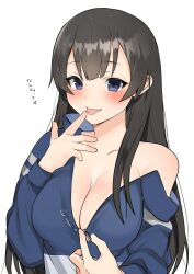 Rule 34 | 1girl, agano (kancolle), black hair, blue eyes, blue jacket, blush, breasts, cleavage, heart, highres, jacket, kantai collection, large breasts, long hair, long sleeves, looking at viewer, off shoulder, simple background, solo, tongue, tongue out, toriniku senshi chikinman, translation request, upper body, very long hair, white background, zipper