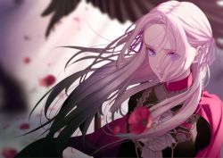 Rule 34 | 1girl, aiguillette, bird, black shirt, blurry, blurry background, cape, closed mouth, commentary, depth of field, edelgard von hresvelg, english commentary, eyelashes, fire emblem, fire emblem: three houses, flower, forehead, garreg mach monastery uniform, highres, lips, long hair, mixed-language commentary, mueririko, nintendo, parted bangs, purple eyes, red cape, sad, shirt, silver hair, solo, uniform, upper body, wind