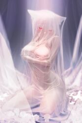 Rule 34 | 1girl, animal ears, blush, breasts, cat ears, closed mouth, covered erect nipples, flower, futoshi ame, highres, kneeling, large breasts, long hair, looking at viewer, navel, nude, original, pink eyes, rose, self hug, smile, solo, veil, white flower, white hair, white rose