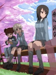 Rule 34 | 3girls, aki (girls und panzer), ankle boots, arm support, bench, blue footwear, blue headwear, blue jacket, blue pants, blue shirt, blue skirt, blue sky, blush, boots, brown eyes, brown hair, cherry blossoms, closed mouth, cloud, cloudy sky, commentary, day, dress shirt, food, frown, girls und panzer, green eyes, grey legwear, grey skirt, hair tie, hand to own mouth, holding, holding food, ice cream cone, jacket, keizoku military uniform, keizoku school uniform, leaning forward, light brown hair, loafers, long hair, long sleeves, looking at another, mika (girls und panzer), mikko (girls und panzer), military, military uniform, miniskirt, multiple girls, open mouth, oshiru (sealeu), outdoors, pants, pants rolled up, pants under skirt, park bench, pleated skirt, raglan sleeves, red eyes, red hair, school uniform, see-through, shirt, shoes, short hair, short twintails, silhouette, sitting, skirt, sky, smile, socks, spilling, striped clothes, striped shirt, sweatdrop, track jacket, track pants, tree, twintails, uniform, vertical-striped clothes, vertical-striped shirt, white shirt