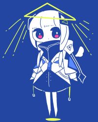 Rule 34 | 1girl, angel, black eyes, blue background, blunt bangs, cevio, chibi, commentary request, detached wings, diamond hair ornament, dot mouth, dress, floating, full body, hair over shoulder, halo, high collar, highres, hogo (madowofuku), hood, hood down, hooded jacket, jacket, kafu (cevio), kamitsubaki studio, limited palette, long sleeves, looking at viewer, low twintails, multicolored eyes, pink eyes, shadow, short dress, solo, triangle halo, twintails, white hair, wings, zipper pull tab