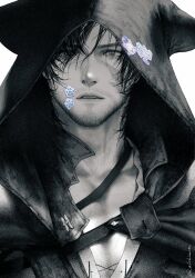 Rule 34 | 1boy, alchimie, animal hood, black hair, clive rosfield, cloak, collarbone, facial hair, facial scar, final fantasy, final fantasy xvi, hair between eyes, hair over one eye, highres, hood, hood up, hooded cloak, looking at viewer, male focus, messy hair, monochrome, parted lips, pectorals, scar, scar on cheek, scar on face, solo, spot color, upper body, white background