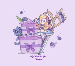 Rule 34 | 1girl, :3, blonde hair, bow, bowtie, cafe cuties gwen, cake, character name, chibi, dress, food, frilled dress, frills, fruit, gwen (league of legends), highres, league of legends, long sleeves, maid headdress, multicolored clothes, multicolored dress, multicolored hair, official alternate costume, pantyhose, pink hair, purple bow, shoes, solo, stuffed toy, two-tone hair, ztdlb