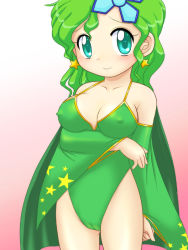 Rule 34 | 1990s (style), aged up, arm under breasts, breast lift, cameltoe, cape, cleft of venus, covered erect nipples, detached sleeves, earrings, final fantasy, final fantasy iv, gradient background, green eyes, green hair, hair ornament, hairclip, jewelry, leotard, miyanii (myanie), retro artstyle, rydia (ff4), smile, square enix