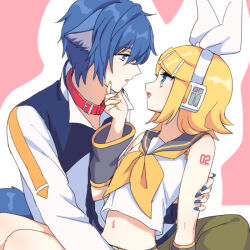 Rule 34 | 1boy, 1girl, akiyoshi (tama-pete), animal ears, arm tattoo, blonde hair, blue eyes, blue hair, blue nails, bow hairband, collared shirt, crop top, detached sleeves, eye contact, fang, grabbing another&#039;s chin, hair between eyes, hairband, hairpin, hand on another&#039;s arm, hand on another&#039;s chin, hug, kagamine rin, kaito (vocaloid), leaning back, leash, looking at another, medium hair, multiple hairpins, nail polish, navel, parted lips, ribbon, sailor collar, shirt, simple background, sitting, sitting on lap, sitting on person, tattoo, upper body, vocaloid, white ribbon, yellow nails, yellow ribbon