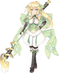 Rule 34 | 1girl, agarest senki (series), agarest senki mariage, blade (galaxist), blonde hair, blue eyes, boots, detached sleeves, full body, hand on own hip, high ponytail, holding, holding staff, jiolet, knee boots, long hair, looking at viewer, official art, smile, solo, staff, standing, transparent background