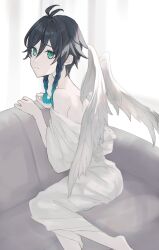 Rule 34 | 1boy, androgynous, black hair, blue hair, braid, closed mouth, feathered wings, from behind, genshin impact, gradient hair, green eyes, highres, kagami (kagami), looking at viewer, looking back, male focus, multicolored hair, shirt, unworn shirt, short hair with long locks, side braids, sidelocks, sitting, solo, twin braids, venti (genshin impact), white shirt, white wings, wings