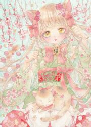 Rule 34 | 1girl, :o, amu (m aa), animal, animal ears, animal on lap, blonde hair, bow, bowtie, cat, cat day, cat ears, cat girl, cherry blossoms, detached sleeves, dress, floral print kimono, flower, green background, green dress, hair flower, hair ornament, hands up, highres, hongbao, long hair, long sleeves, looking at viewer, on lap, open mouth, original, painting (medium), paw pose, pink bow, pink bowtie, pom pom (clothes), red ribbon, ribbon, ribbon-trimmed sleeves, ribbon-trimmed thighhighs, ribbon trim, sitting, solo, teeth, thighhighs, traditional media, twintails, upper teeth only, wariza, watercolor (medium), white thighhighs, yellow eyes