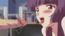 Rule 34 | 00s, animated, animated gif, blush, censored, cum, cum in mouth, cum on hair, ejaculation, facial, handsfree ejaculation, kafun shoujo chuuihou!, long hair, office, open mouth, penis, purple hair, red eyes, saliva, tongue