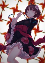 Rule 34 | 10s, 1girl, arm at side, bare legs, blue ribbon, blunt bangs, blurry, bow, brown hair, closed mouth, copyright request, cowboy shot, depth of field, floral print, flower, frilled kimono, frilled sleeves, frills, from below, hair flower, hair ornament, highres, holding, japanese clothes, kimono, kimono skirt, koutetsujou no kabaneri, long sleeves, looking at viewer, looking down, monobe tsukuri, mumei (kabaneri), obi, origami, pinwheel, red bow, red eyes, ribbon, sash, short hair, short kimono, solo, standing, thighs, topknot, white flower, wide sleeves