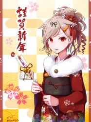 Rule 34 | 1girl, absurdres, alternate hairstyle, arrow (projectile), artist name, baileys (tranquillity650), black ribbon, blonde hair, collarbone, ema, hair ornament, hair ribbon, hairclip, hamaya, happy new year, highres, japanese clothes, kantai collection, kimono, long hair, long sleeves, new year, red eyes, red kimono, ribbon, signature, solo, twitter username, wide sleeves, yuudachi (kancolle), yuudachi kai ni (kancolle)