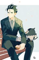 Rule 34 | 1boy, bench, black eyes, black hair, black jacket, black pants, black suit, bread, collared shirt, commentary request, creatures (company), food, formal, game freak, gen 4 pokemon, highres, holding, holding food, jacket, larry (pokemon), long sleeves, looking down, male focus, multicolored hair, necktie, nintendo, omyo (myomyomyo22), pants, parted lips, pokemon, pokemon (creature), pokemon on leg, pokemon sv, sandwich, shirt, short hair, signature, sitting, starly, suit, white shirt