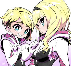Rule 34 | 2girls, :o, asymmetrical hair, blonde hair, blue eyes, bright pupils, dual persona, eyebrow piercing, finger to mouth, gradient background, gwen stacy, hairband, hood, hood down, hoodie, looking at viewer, looking to the side, marvel, multiple girls, piercing, shushing, smile, spandex, spider-gwen, spider-man: across the spider-verse, spider-man: into the spider-verse, spider-man (series), spider-verse, spider web print, sunafuki tabito, two-sided fabric, upper body, v