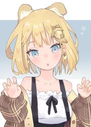 Rule 34 | 1girl, :o, absurdres, animal ears, blonde hair, blue eyes, brown jacket, claw pose, collarbone, dog ears, earrings, hair behind ear, hair ornament, hairclip, head tilt, heart, heart earrings, highres, hololive, hololive english, jacket, jewelry, kemonomimi mode, lucabassiart, nail polish, off shoulder, plaid, plaid jacket, solo, virtual youtuber, watson amelia, yellow nails
