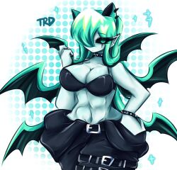 Rule 34 | abs, animal ears, black sclera, bra, bracelet, breasts, cat ears, cleavage, collar, colored sclera, colored skin, demon wings, ear piercing, green eyes, green hair, green skin, highres, jewelry, large breasts, looking at viewer, midriff, mint (togetoge), navel, original, piercing, spiked bracelet, spiked collar, spikes, thick thighs, thighs, trd-yo, underwear, wide hips, wings
