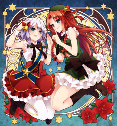 Rule 34 | 2girls, :d, adapted costume, alternate costume, aqua eyes, bare arms, bare shoulders, beret, blue eyes, braid, chinese clothes, chitose (usacan), christmas, christmas ornaments, dress, finger to mouth, frilled skirt, frills, hair between eyes, hair ribbon, hat, highres, hong meiling, izayoi sakuya, looking at viewer, maid, maid headdress, multiple girls, open mouth, pantyhose, parted bangs, red hair, ribbon, short dress, silver hair, skirt, sleeveless, sleeveless dress, smile, touhou, tress ribbon, twin braids, twintails, white legwear