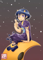 Rule 34 | 00s, 1girl, arm support, blue hair, child, crescent, crescent moon, demon girl, dress, flat chest, fringe trim, from side, horns, index finger raised, konjiki no gash!!, kosame daizu, laila, laila (konjiki no gash!!), light smile, looking at viewer, looking back, moon, night, night sky, oni horns, outdoors, outline, pointing, puffy short sleeves, puffy sleeves, purple dress, purple eyes, shoes, short hair, short sleeves, sitting, sky, smile, solo, star (sky), starry sky
