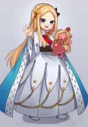 Rule 34 | 1girl, abigail williams (fate), anastasia (fate), anastasia (fate) (cosplay), blonde hair, blue cloak, blue eyes, blush, breasts, cloak, cosplay, dress, fate/grand order, fate (series), forehead, full body, fur trim, hairband, highres, jewelry, long hair, looking at viewer, miya (miyaruta), necklace, open mouth, outstretched arm, parted bangs, pendant, small breasts, smile, stuffed animal, stuffed toy, teddy bear, white dress
