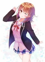 Rule 34 | .com (bot com1), 10s, 1girl, ;q, black jacket, blush, brown hair, collarbone, commentary request, cowboy shot, eyebrows, highres, isshiki iroha, jacket, one eye closed, open clothes, open jacket, orange eyes, outstretched arm, outstretched hand, pink sweater, pleated skirt, ribbon, school uniform, skirt, solo, sweater, tongue, tongue out, yahari ore no seishun lovecome wa machigatteiru.