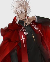 Rule 34 | 1boy, amakusa shirou (fate), bishounen, brown eyes, cape, cross, cross necklace, dark-skinned male, dark skin, earrings, fate/apocrypha, fate/grand order, fate (series), grey background, highres, jewelry, kiki (re 6xxx), looking at viewer, necklace, open mouth, parted bangs, parted hair, priest, simple background, smile, white hair, yellow eyes
