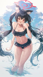 Rule 34 | 1girl, absurdres, animal ear fluff, animal ears, bare shoulders, bikini, bikini skirt, black bikini, black hair, blue archive, blue sky, blush, breasts, cleavage, collarbone, day, dutch angle, frilled bikini, frills, halo, highres, long hair, looking at viewer, mazel (mazel star), medium breasts, navel, nose blush, off-shoulder bikini, off shoulder, open mouth, outdoors, pussy, pussy peek, red eyes, serika (blue archive), sky, solo, splashing, standing, stomach, swimsuit, thighs, twintails, v-shaped eyebrows, very long hair, wading, water, wet