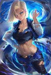 Rule 34 | 1girl, android 18, asymmetrical hair, banned artist, belt, belt buckle, black belt, black bra, black pantyhose, black shirt, blonde hair, blue eyes, blue jacket, blue shorts, bra, breasts, buckle, cleavage, closed mouth, collarbone, crop top, denim, denim shorts, dragon ball, dragonball z, floating hair, hair between eyes, hand on own hip, jacket, large breasts, pantyhose under shorts, long sleeves, looking at viewer, medium hair, midriff, navel, open clothes, open jacket, pantyhose, sakimichan, shirt, short shorts, shorts, solo, stomach, striped sleeves, torn clothes, torn jacket, torn pantyhose, torn shirt, torn shorts, torn sleeves, underwear, v-shaped eyebrows, watermark