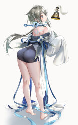 Rule 34 | 1girl, absurdres, arched back, ass, bare shoulders, barefoot, bell, blue eyes, blush, body blush, closed mouth, commentary request, from behind, full body, genshin impact, grey hair, guizhong (genshin impact), highres, legs, long hair, long sleeves, looking at object, off shoulder, pottsness, sidelocks, simple background, sleeves past fingers, sleeves past wrists, smile, solo, standing, thighs, toes